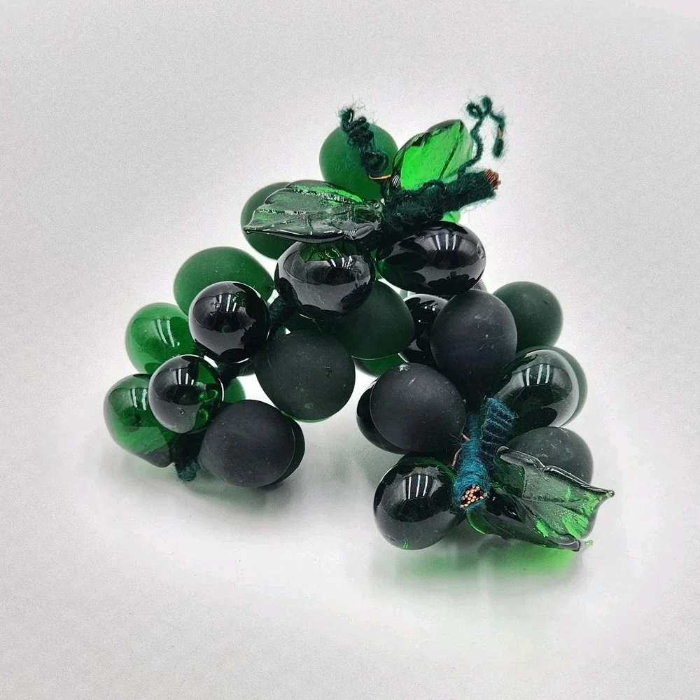 Vintage Green Glass Grape Cluster Set of 2 Fruit Decor Mid Century Table Accent